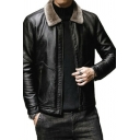 Mens Trendy Jacket Plain Spread Collar Long Sleeves Regular Zip Down Leather Jacket