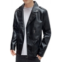 Boyish Guy's Jacket Whole Colored Zip Decoration Lapel Collar Relaxed Fitted Leather Jacket
