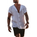 Casual Mens Shirt Pure Color Stand Collar Short Sleeve Button Closure Regular Fit Shirt