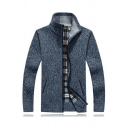 Guys Chic Cardigan Plain Plaid Lined Stand Collar Zipper Side Pocket Long Sleeves Cardigan