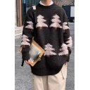 Unique Men's Sweater Christmas Tree Pattern Round Neck Long Sleeve Loose Fit Sweater