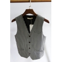 Casual Suit Vest Stripe Patterned Button-up V-Neck Pocket Suit Vest for Men