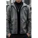 Men Simple Leather Jacket Plain Hooded Full Zipper Long Sleeve Regular Fit Leather Jacket