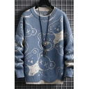 Guys Lovely Pullover Cartoon Print Long Sleeve Crew Neck Loose Pullover