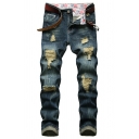 Elegant Jeans Faded Washed Distressed Detailed Mid Rise Full Length Fitted Zipper Jeans for Guys