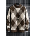 Retro Sweater Plaid Pattern Mock Neck Long Sleeve Regular Fitted Pullover Sweater