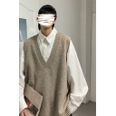 Leisure Sweater Vest Pure Color V-Neck Sleeveless Loose Fit Knitted Vest for Men
