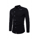 Vintage Men's Shirt Solid Stand Collar Applique Button Long Sleeves Shirt