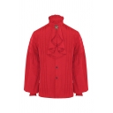 Men Retro Shirt Pure Color Stand Collar Button Fly Long-sleeved Loose Shirt