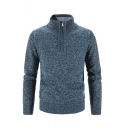 Men Fancy Sweater Pure Color Knit Long Sleeves Stand Collar Zip Detail Slim Fitted Pullover Sweater