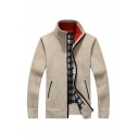 Popular Men's Cardigan Solid Color Long-Sleeved Zip Closure Stand Collar Regular Fitted Cardigan