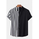 Fashion Guys Shirt Contrast Color Button Placket Turn-down Collar Short Sleeve Baggy Shirt