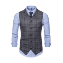 Elegant Men Suit Vest Plaid Printed Slim Fitted Notched Collar Single Breasted Suit Vest