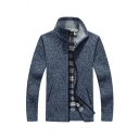 Men Urban Cardigan Solid Color Long-Sleeved Zip Placket Stand Collar Regular Fitted Cardigan