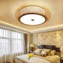 3-Light Flush Mount Lighting Fixtures Asia Style Drum Shape Rattan Ceiling Light Fixture