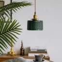 Retro Green Corrugated Lamp Ribbed Glass Drum Hanging Pendant Light