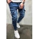 Men Modern Jeans Solid Flap Pocket Full Length Mid Rise Skinny Drawstring Waist Jeans