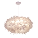 White Chandelier Round Shade Hanging Light Modern Style Feather Pendant Light for Living Room