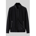 Fashion Guys Jacket Pure Color Front Pocket Stand Collar Long Sleeve Regular Zipper Baseball Jacket
