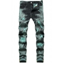 Casual Mens Jeans Tie Dye Print Distressed Designed Mid Rise Full Length Zip Fly Jeans