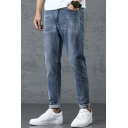 Vintage Jeans Plain Pocket Detailed Mid Rise Loose Fit Zip Fly Distressed Jeans for Men