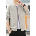 Edgy Jacket Pure Color Pocket Long Sleeves Fitted Zip Fly Stand Bomber Jacket for Men