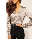 Elegant Womens Shirt Solid Color V-Neck Long Sleeve Slim Fit Blouses
