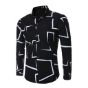 Edgy Mens Shirt 3D Stripe Print Turn-down Collar Slim Fit Curved Hem Long Sleeve Button Fly Shirt