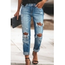 Popular Faded Wash Jeans Distressed Ripped Zipper Fly Blue Full Length Straight Jeans for Women