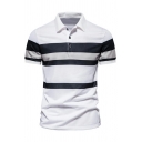 Daily Mens Polo Shirt Stripe Pattern Spread Collar Short Sleeve Button Detail Regular Fit Polo Shirt