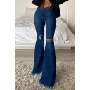 Chic Womens Flare Jeans Solid Color Mid Rise Ripped Zipper Up Full Length Stretchy Jeans with Fringe
