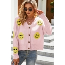 Modern Girls Cardigan Smiling Face V Neck Button Down Long Sleeve Relaxed Cardigan