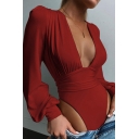 Sexy Ladies Bodysuit Solid Color Long Puff Sleeve Deep V-Neck Sashes Slim Bodysuit