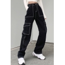 Street Look Girls Jeans Black Zip Fly High Rise Stitching Long Length Wide Leg Jeans