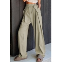 Design Womens Pants Solid Color Lace-Up High Rise Loose Fit Long Straight Pants