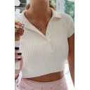 Sexy Girls Polo Shirt Solid Turn Down Collar Button Up Rib Knit Short Sleeve Slim Cropped Polo Shirt