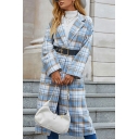 Trendy Womens Trench Coats Notched Lapel Collar Plaid Pattern Button Closure Belted Long Trench Coat