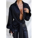 Creative Women's Shirt Solid Color Turn-Down Collar Tie-Sleeve Shirt in Black