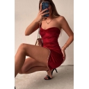 Unique Womens Dress Plain Sleeveless One Shoulder Chain Detail Split Mini Slip Dress