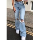 Cool Ladies Jeans Zipper Down Knee Distressed Ripped Wide Leg Jeans with Washing Effect