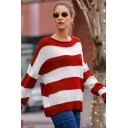 Casual Ladies Sweater Striped Print Round Neck Long Sleeve Oversized Sweater