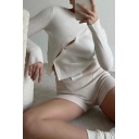 Trendy Ladies Sweater Solid Color Single Breasted Round Neck Long Sleeve Slim Fit Sweater