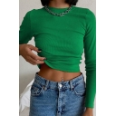 Leisure Ladies T-Shirt Solid Round Neck Long Sleeve Slim Fit Cropped T-Shirt