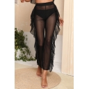 Sexy Womens Sheer Pants Mid Waist Ruffles Sides Crop Pants in Black
