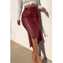Retro Split Pencil Skirt Solid Color Button Decorated High Low PU Skirt for Women