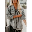 Unique Womens Jacket Turn Down Collar Rivets Single Breasted Cut-Outs Long Sleeve Oversized Denim Jacket
