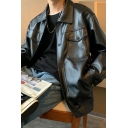 Chic Jacket Plain Chest Pocket Spread Collar Long Sleeves Baggy Zip Leather Jacket for Men