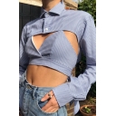 Stylish Girls Shirt Lapel Collar Stripe Print Button Down Two Piece Crop Shirt Slim Fit in Blue