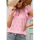 Creative Womens Plain Shirt Round Collar Lace-Up Hollow Detail Ruffles Short Sleeve Pullover Shirt