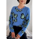 Casual Womens Blue Sweater Butterfly Pattern Crew Neck Rib Hem Long Sleeve Pullover Sweater